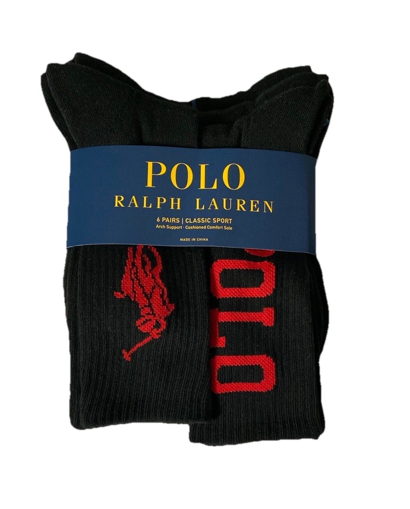 Calze Polo Ralph Lauren Classic Sport nere mezza imbottite grandi pony 6 pezzi taglia 10 13
