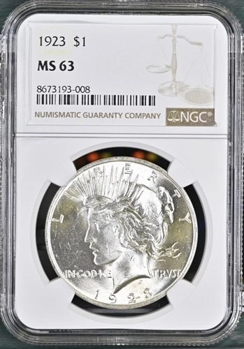 1923-P  $1 PEACE SILVER DOLLAR  "PHILADELPHIA MINT"  NGC MS63