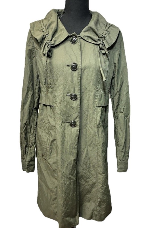 Ann Taylor LOFT Olive Crinkle Coat M Ruffle Collar Metallic Nylon Blend