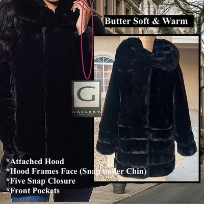 Gallery New York Black Collar Hooded Heavy Faux Fur Coat Jacket Size M