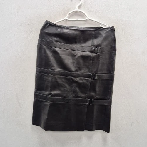 Plein Sud Skirt Womens FR 38 Black Leather Pencil Knee Length Buckle Strap Lined