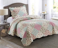 Pink Green Rose Floral Twin Quilt Set Patchwork Bedding Durable Soft Lightweight