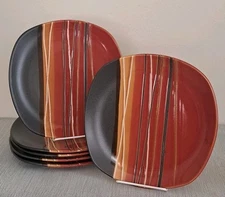 6 Home Trends Square Bazaar Red Orange Brown Stripe Salad Plates 8⅝" NICE!! 