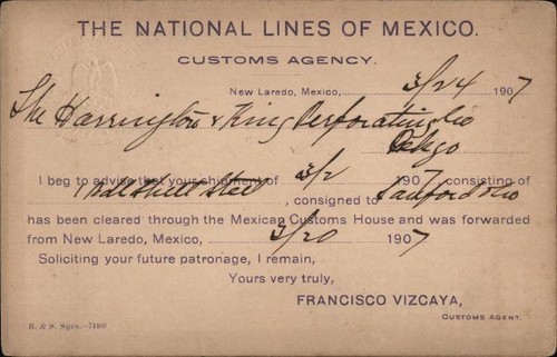 New Laredo The National Lines of Mexico Customs Agency 1907 B & S Postcard