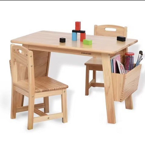 Kids Solid Wood Activity Table and 2 Chair Set with Storage Desk Natural - Picture 3 of 7