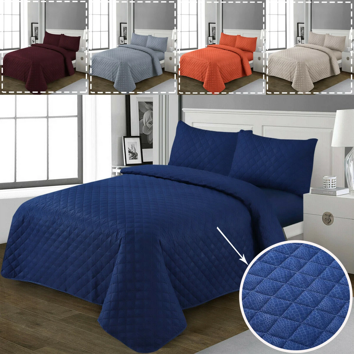 3 Piece Embossed Quilted Bedspread Throw Set Pillow Shams Double