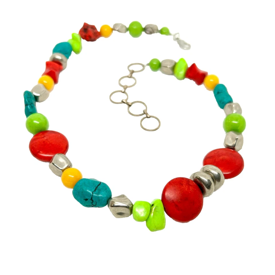 Collar Multicolor Vintage Estilo Suroeste Colores Turca, Cuentas Rojas Foto 3 de 4