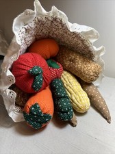 Thanksgiving Decor Cornucopia VTG Handmade Cloth Veggies 14  Long 10  Diameter