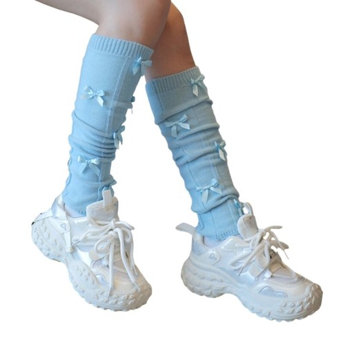 Women Sports Side Double Striped Knitted Leg Warmer Bowknot Footless Long Socks - Picture 13 of 19