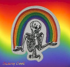 New Skull Skeleton Rainbow Horror Gothic Embroidered Biker Iron On Patch