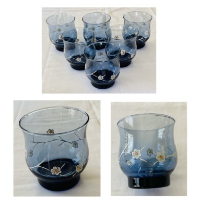 VINTAGE Libbey Whisky Glasses 8 oz. BLUE with WHITE FLOWERS 6-Pc Set EXCELLENT