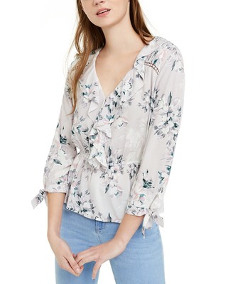American Rag Junior's Ruffled Neck Tie Sleeve Top  Grey Size Medium