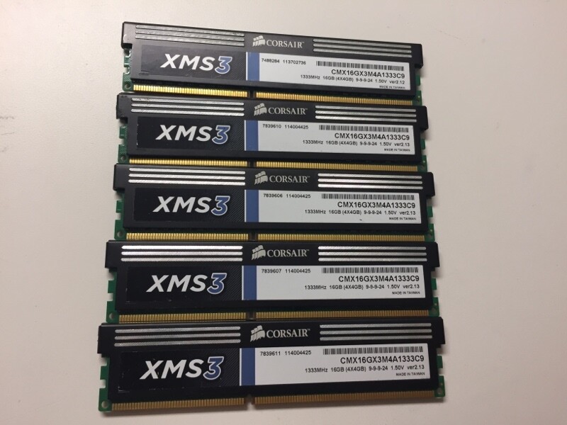 CMX16GX3M4A1333C9 Corsair XMS3 20GB Kit (5 X 4GB) PC3-10600 lot of