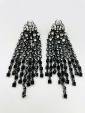 OSCAR DE LA RENTA 12cm Drop clear grey black Crystal Chain Clip Earrings