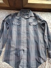 Vintage Western Cowboy Pearl Snap White Horse Shirt Gray Plaid Large Stripes