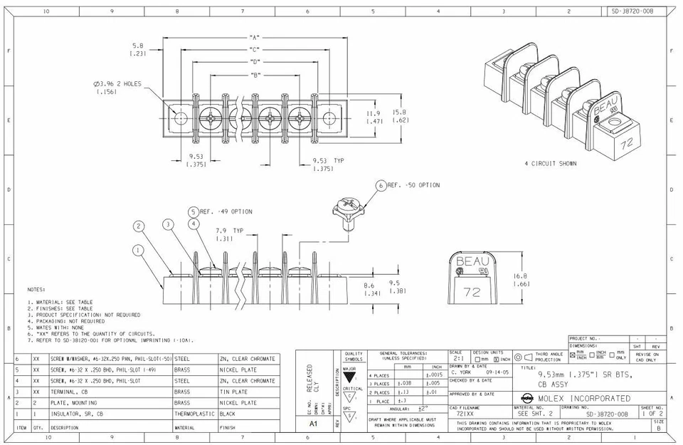 Molex 0387200803, Barrier Strip, 3 Pos, .375 pitch (430 Pieces) NOS - Image 2 of 2