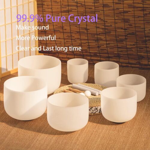 7 Pcs 7"-12" Set of Chakra Frosted Quartz Crystal Singing Bowl Set W/Bag - Picture 2 of 8