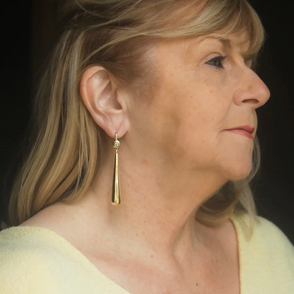 Orecchini Dorato Dormeuse Tondo Incastonato Zirconia Cubica Goccia Lungo, Ottone - Immagine 2 di 4