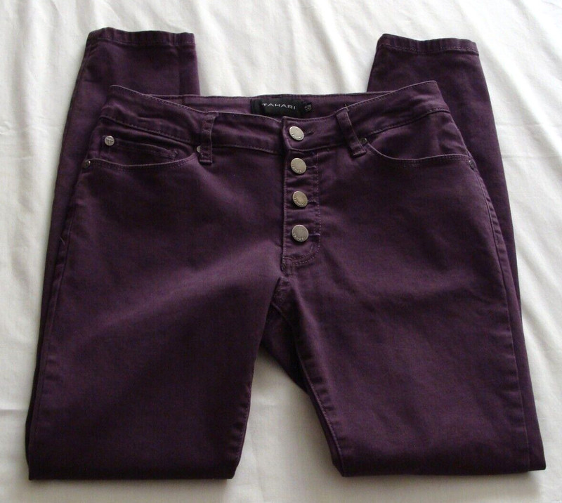 TAHARI Muted Purple "AMELIA" BUTTON FLY Skinny Jeans Sz 6/28 (26.5 Inseam)