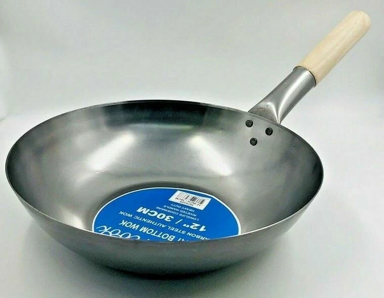 13" Carbon Steel Wok Deep Chinese Asian Cooking Wooden Handle Stir Fry Pan Flat