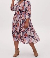 Torrid Navy Floral Swiss Dot Button Down Tea Length Dress 0X size 12/14 No Slip