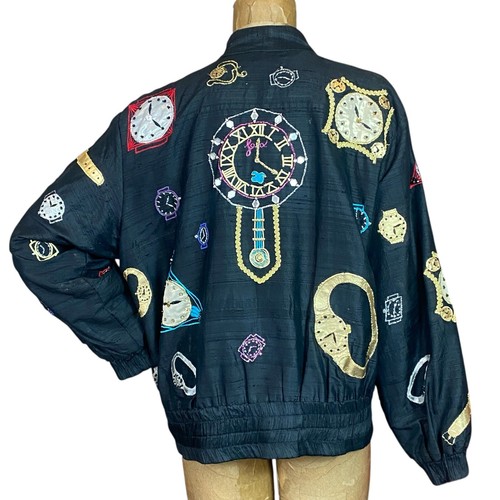 Vintage Cache Seide Bomberjacke Neuheit Uhrenmuster S schwarz 336G - Bild 5 von 6