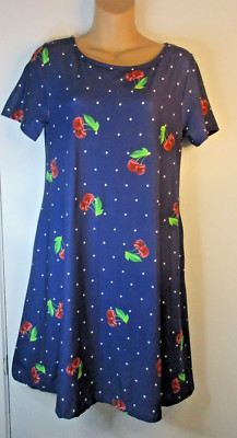 WOMENS DRESS MEDIUM A LINE SWING DRESS PIN UP CHERRIES SLIP ON LIQUID KNIT CUTE