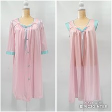 Vintage 80s Lorraine Nightgown  Robe Set SIZE M 2-Piece Pink Aqua Appliqu 