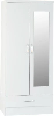 SECONIQUE NEVADA WHITE GLOSS 2 DOOR 1 DRAWER MIRRORED WARDROBE
