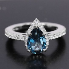 925 STERLING SILVER NATURAL AAA LONDON BLUE TOPAZ PEAR WHITE CZ RING SIZE 7