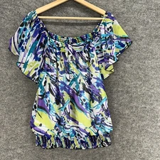 AB Studio Blouse Women L Large Blue Geometric Lined Short Sleeve Button Casual