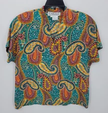 Carlisle Top Womens 12 Colorful Paisley Silk Short Sleeve Popover Artsy Blouse