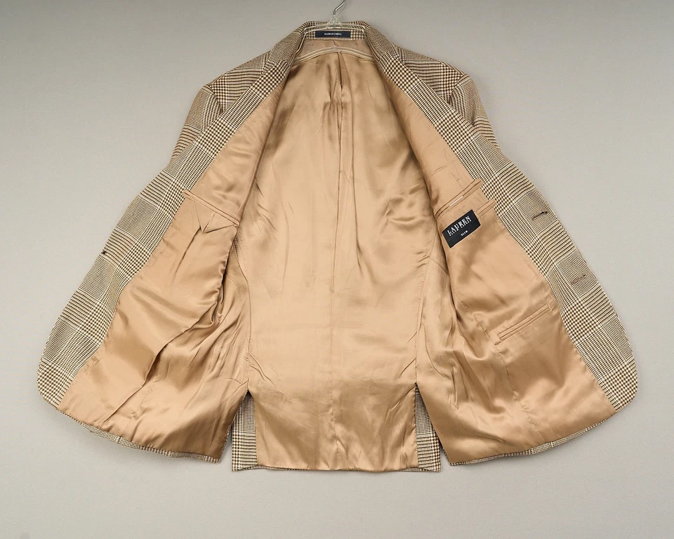 Blazer Lauren Ralph Lauren Para Hombres 36 Marrón Lana a Cuadros Seda Lino 2 Botones Foto 3 de 4