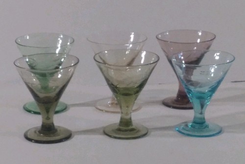 6 Vintage Multi-Colored Etched Cordial Apertif Shot Glasses Japan 2 Inches
