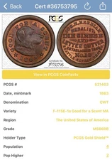 Good For A Scent Civil War Token by Joseph H Merriam.  Boston, MA. PCGS MS66RB