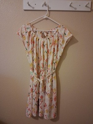 LC Lauren Conrad Peach Floral Dress Wmns L Tie Neck Waist  Knee Length Chic Boho