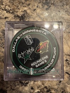 Dallas Stars vs Minnesota Wild Warm Up Used Puck Stanley Cup Playoffs R1 G5