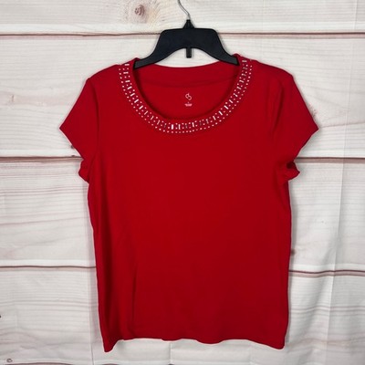 Dressbarn Top Womens L Red Short Sleeve T-Shirt Stud Neckline Cotton Solid Knit