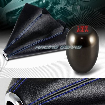 JDM PVC LEATHER MANUAL BLUE STITCH SHIFT BOOT+TR GUNMETAL 5-SPEED SHIFTER KNOB