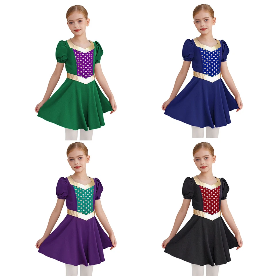 Niños Niñas Ropa de Baile Manga Corta Disfraz Color Contraste Vestido Estampado Retazos Foto 2 de 4