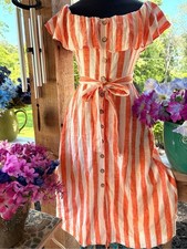 Lulus Linen & Cotton Orange & White Striped  Side Pockets Button Front Dress