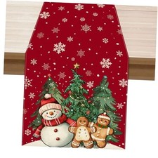 Winter Red Snowman Gingerbread Man Christmas Tree Xmas Table Runner 13x72 Inch