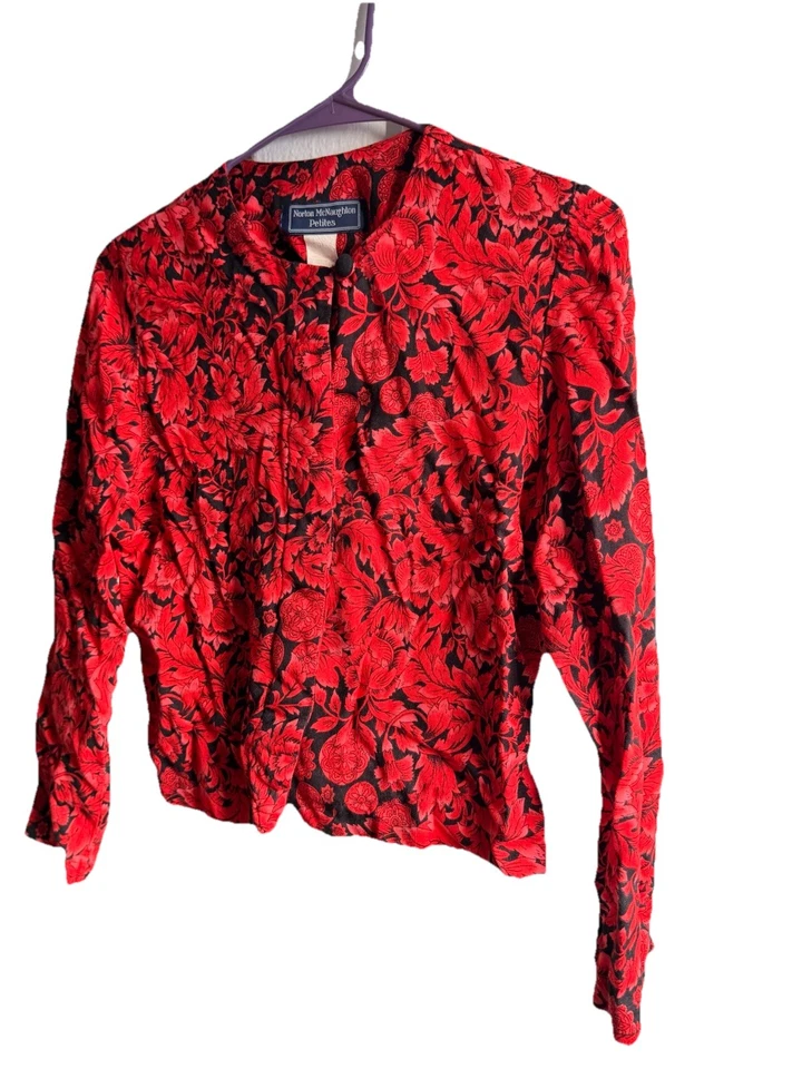 Womens Top Buttoned Med Red Floral Long Sleeve Petites Boho Hippie Loose 90s VTG - Image 4 of 4