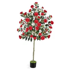  6FT Artificial Camellia Flowers Tree, Fake Plant Plastic Potted with Faux Red
