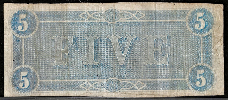 1864 CSA CONFEDERATE STATES AMERICA CURRENCY $5 DOLLAR Note T69 PF-5 Cr. 560 - Image 2 of 2