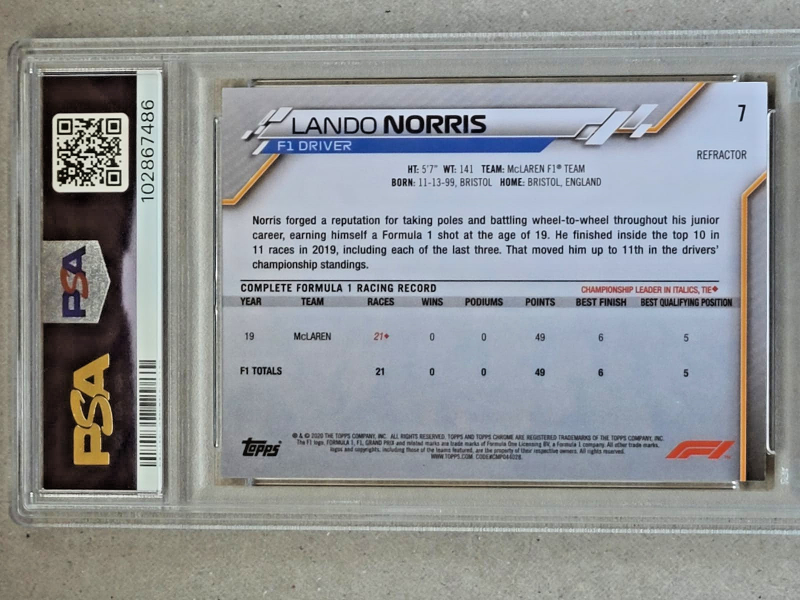 2020 TOPPS CHROME F1 #7 LANDO NORRIS RC REFRACTOR PORTRAIT MCLAREN ROOKIE PSA 9 view 3