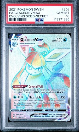 Glaceon VMAX (Secret) 208/203 SWSH07: Evolving Skies Psa 10
