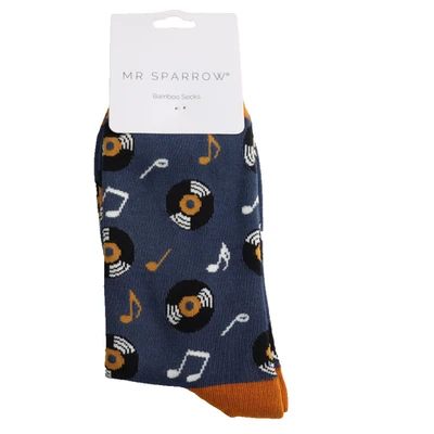 MR SPARROW Mens Vinyl Socks Boys Men 7-11 Navy Records Music Christmas Gift