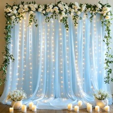 10x10FT Blue Tulle Wrinkle Free Sheer Backdrop Curtains Lights String
