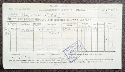 1927 LMS Eisenbahn Güterbeleg - Lancaster Castle Bahnhof Güterabteilung